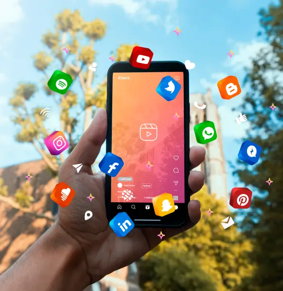 hand holding phone in the air